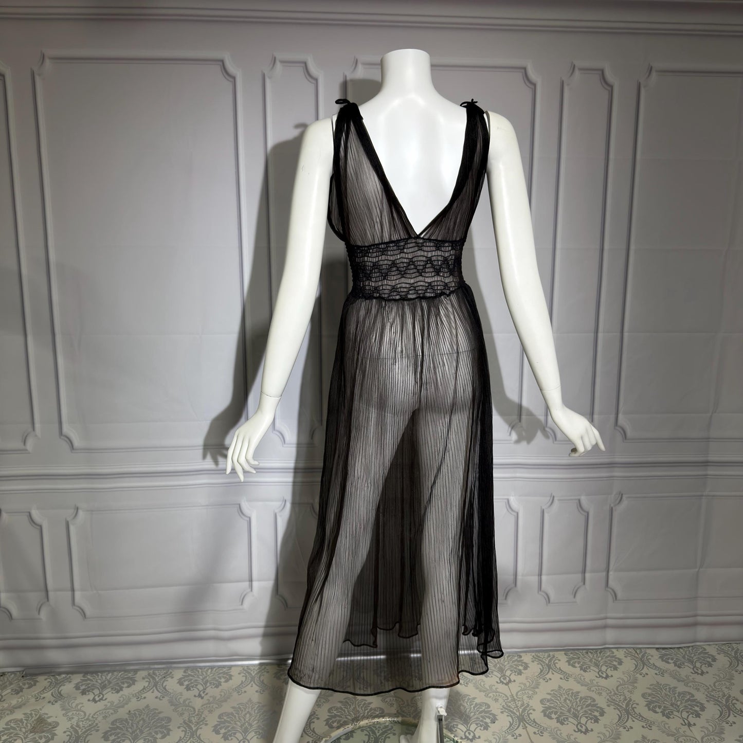 1930s vintage Nightgown slip dress, sheer black micro pleat nylon lingerie dress