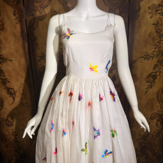 LILLIE RUBIN vintage evening dress gown, 1970s White Silk Embroidered Butterflies gown