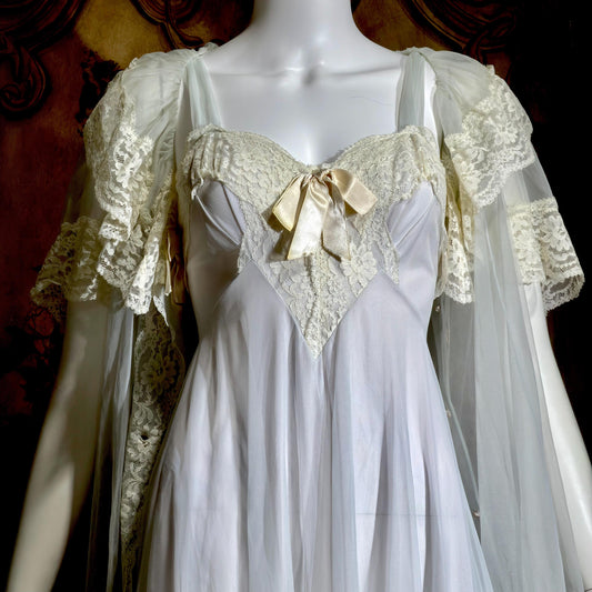 VIRGINIA WALLACE vintage nightgown robe set, 1960s Dusty Blue double layer chiffon lingerie slip dress peignoir set