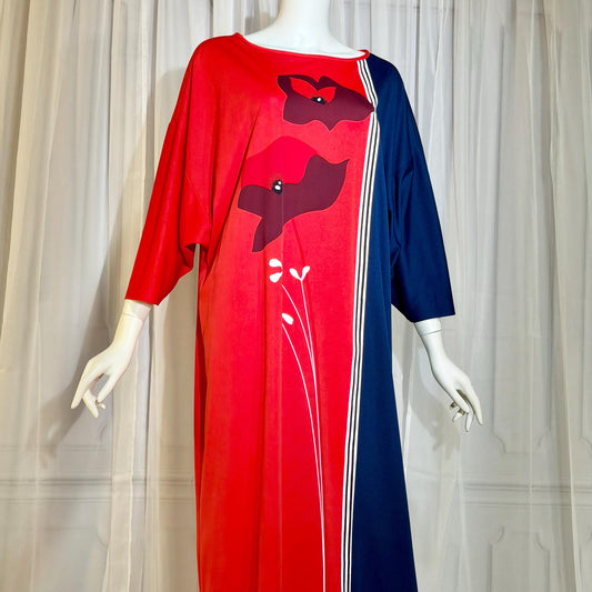 ALFRED SHAHEEN Vintage 1970s caftan dress, Hawaii screen print maxi house dress kaftan