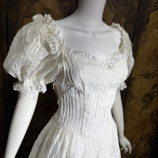 1970s vintage Mexican Wedding dress, White cotton gauze pin tuck off shoulder ball gown