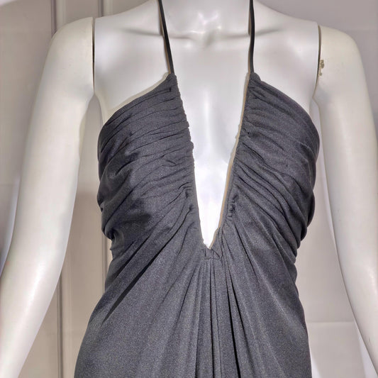 ESTEVEZ Vintage 1970s Black Jersey Knit Gown, Grecian Goddess Plunging Halter Neckline