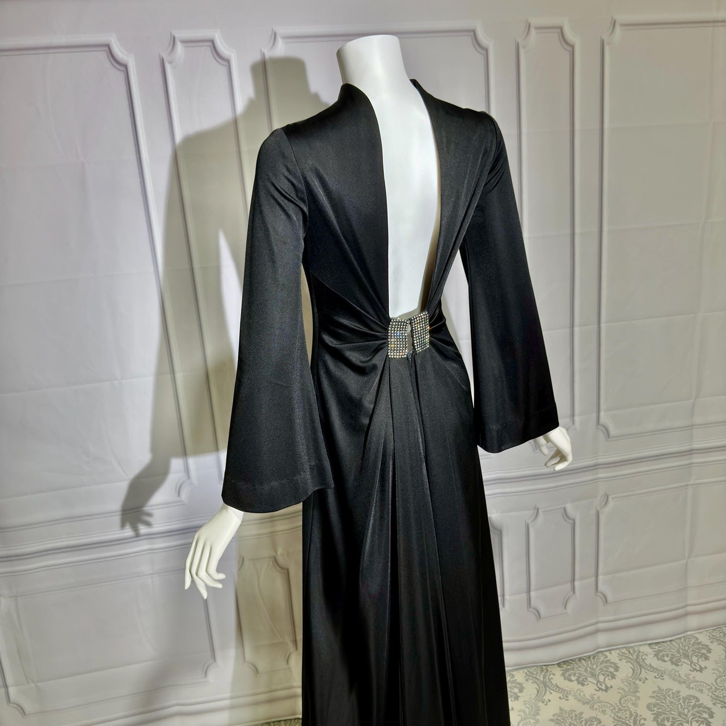 ESTEVEZ vintage 1970s evening gown, Eva Gabor Look Black high neck hostess gown dress