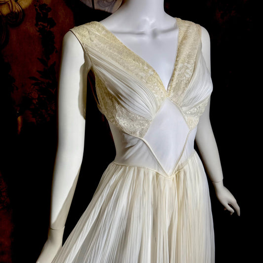 1950s vintage nightgown slip dress, White micro pleat nylon lingerie dress
