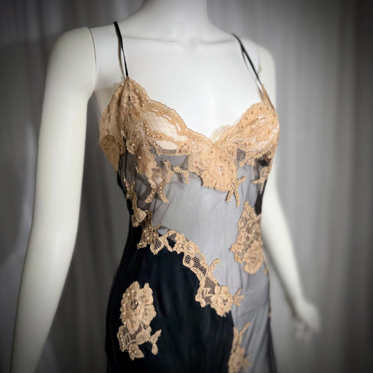 JACALYN BENNETT vintage silk nightgown slip dress, FREDERICKS 1990s black silk and sheer mesh lingerie dress