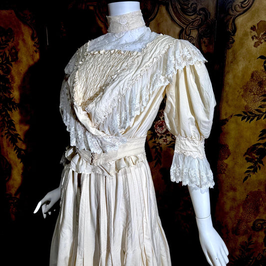 1906 Edwardian Victorian wedding dress, Vintage custom made white cotton high neck 4 pc gown