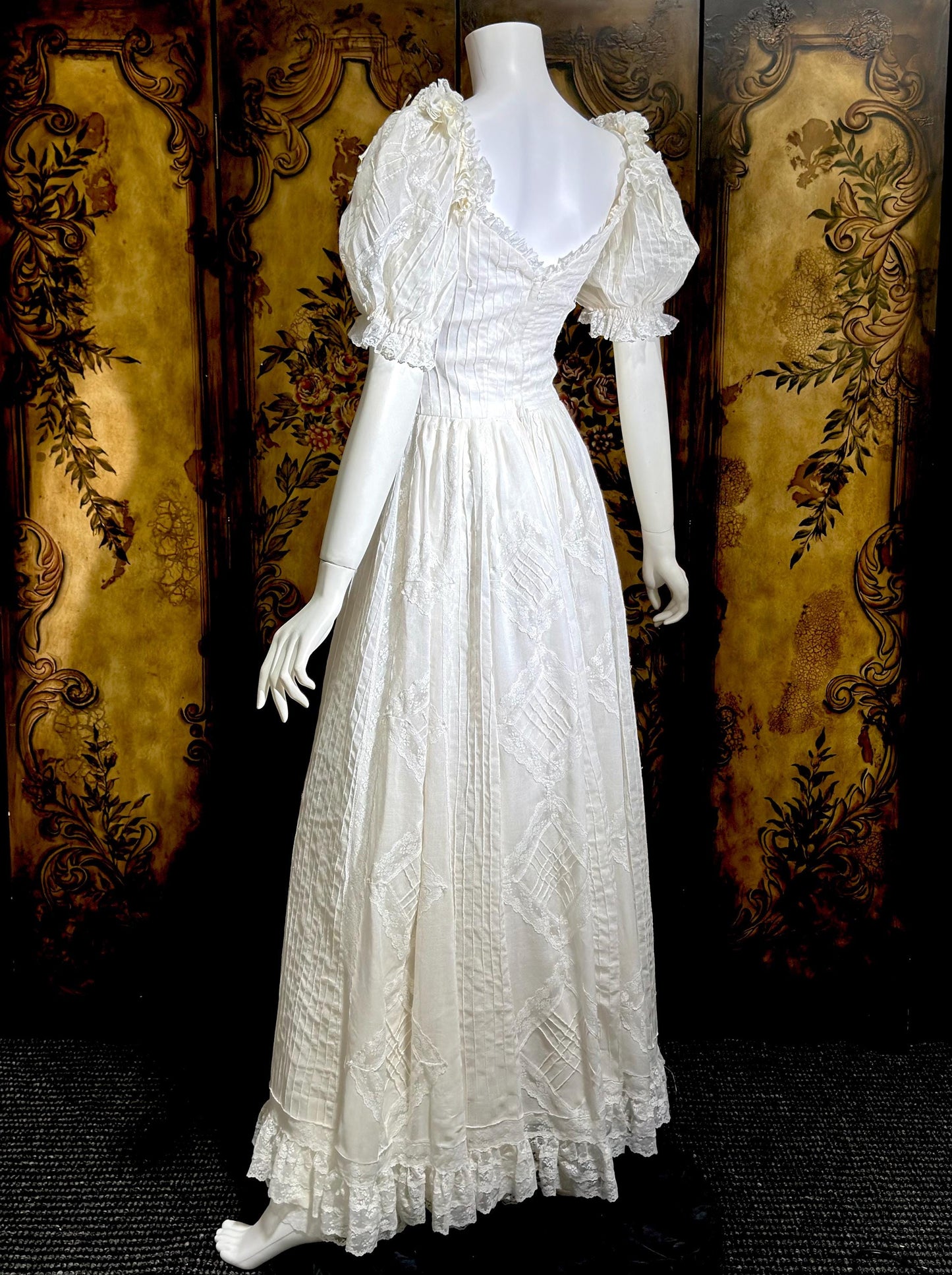 1970s vintage Mexican Wedding dress, White cotton gauze pin tuck off shoulder ball gown