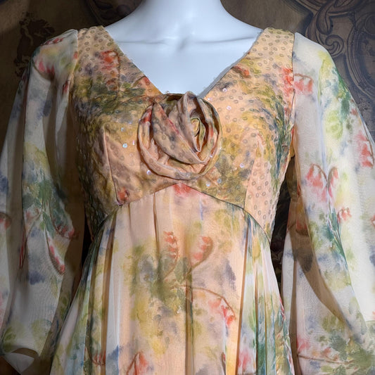 ROSE TAFT vintage 1970s evening dress gown, Peach Watercolor Floral Chiffon Sequin dress
