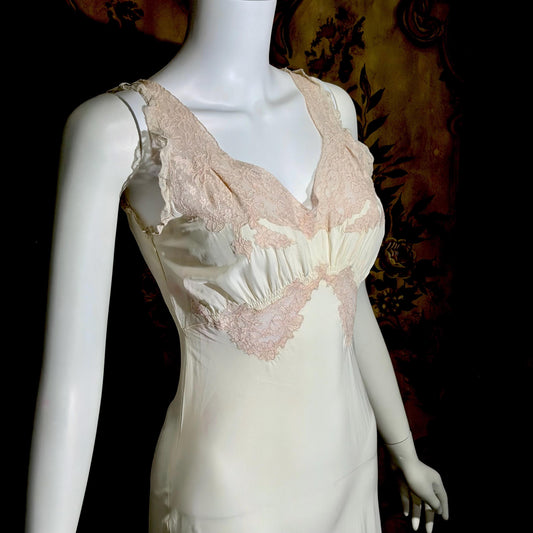 TROUSSEAU vintage 1940s nightgown slip dress, Bur Mil Rayon White Pink lingerie dress