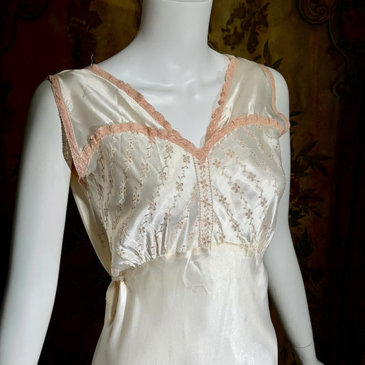 1930s vintage Nightgown Slip Dress, Shiny white and pink embroidered rayon lingerie dress