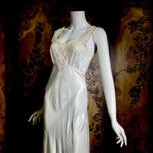GODFRIED vintage 1930s Nightgown Slip Dress, Shiny white rayon lingerie dress