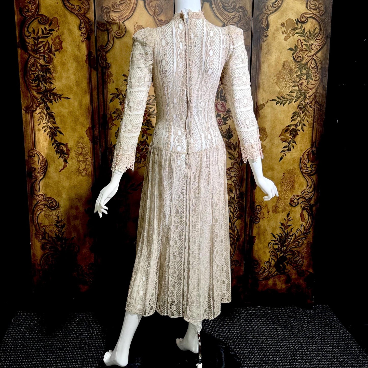 1980s Vintage evening dress, taupe crochet lace see through victorian style dress