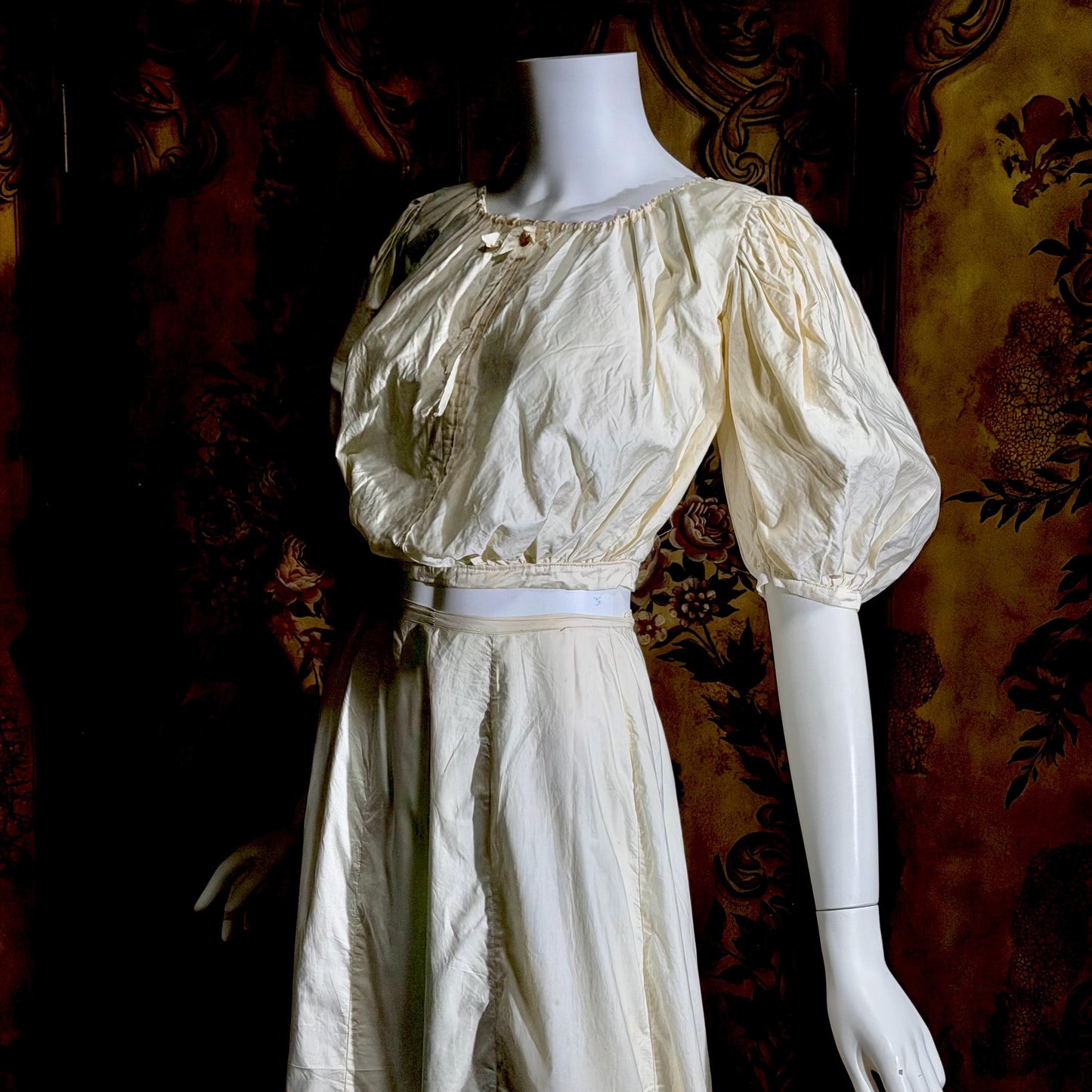1906 Edwardian Victorian wedding dress, Vintage custom made white cotton high neck 4 pc gown
