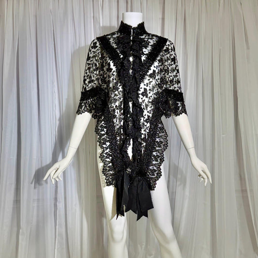 1800s Antique Victorian Mantelet, Black Lace & Beads capelet, shawl, wrap with lappets