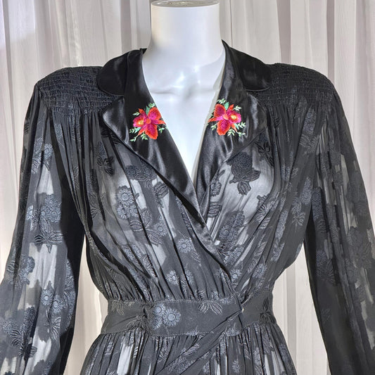 1940s Vintage Dressing Gown Robe, Sheer Black Floral Burnout maxi length Hostess Gown