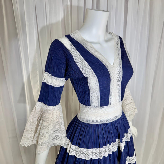 1970s Vintage Mexican Wedding Dress, Blue & White Pin tuck cotton crochet bell sleeve maxi gown