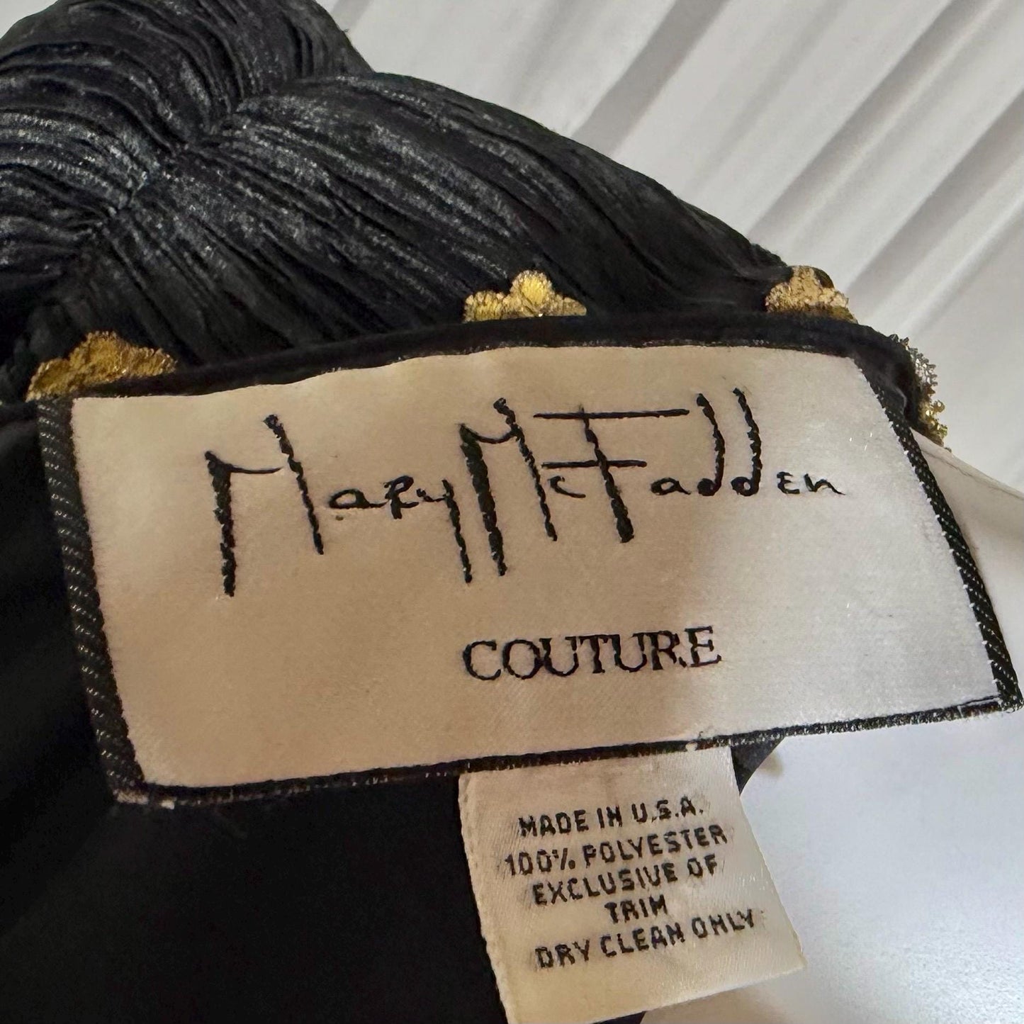 MARY MCFADDEN COUTURE vintage evening dress, 1980s black beaded plisse pleats gown
