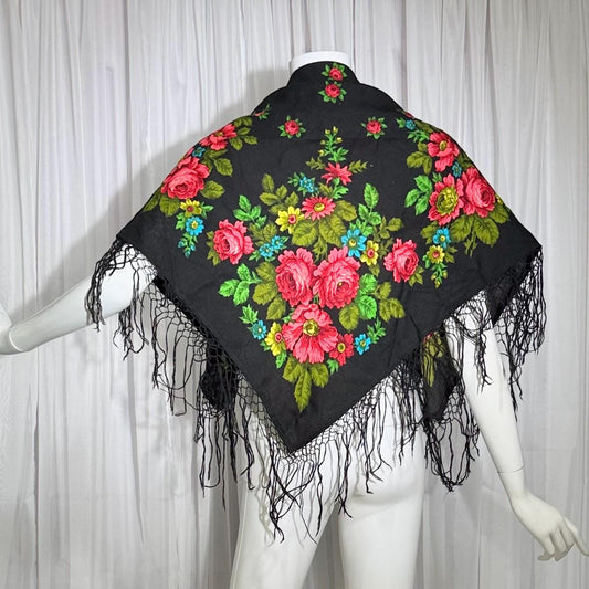 1970s vintage Floral Wool Challis Fringed shawl, black pink rose print scarf wrap, 36 inch square