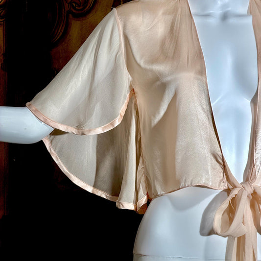1980s vintage Silk bed jacket, Shiny peachy pink satin and chiffon evening jacket