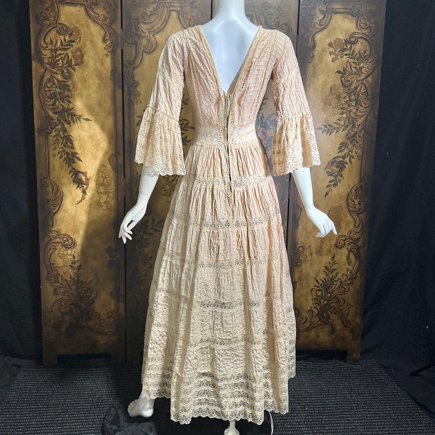 1970s Vintage Mexican Wedding Dress, Dusty Pink Blush Pin tuck cotton crochet bell sleeve maxi gown