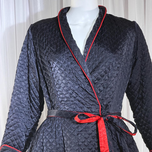 BARBIZON Vintage 1940s Dressing Gown Robe, Lady at Ease, Navy Blue Quilted Satin Housecoat