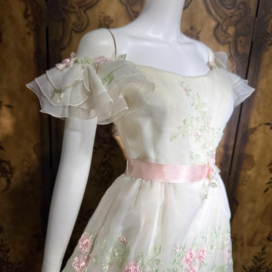 BIANCHI vintage wedding dress gown, 1960s white embroidered floral off should bridal gown
