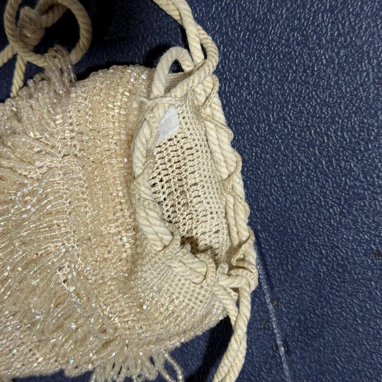 1920s Antique Vintage Beaded Dance Bag, White Glass Art Deco Drawstring tassel Wrist purse