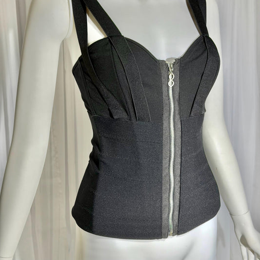 1990s Vintage bandage corset top, zip front bustier black evening top, lace up back