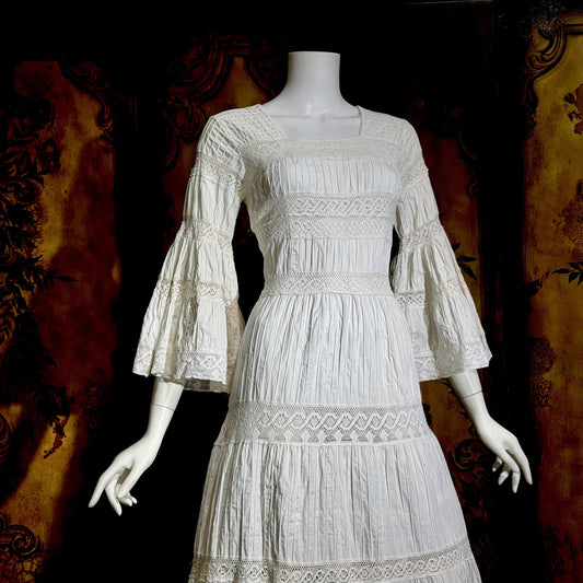 SUZANNA Vintage Mexican Wedding Dress, 1970s White Pin tuck cotton crochet bell sleeve maxi gown by Suzanna