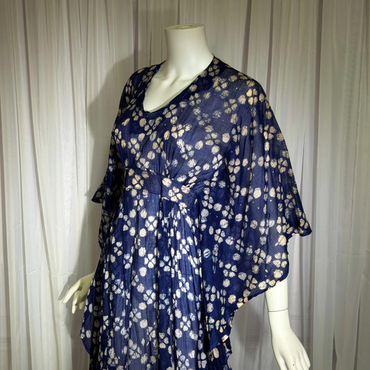 1970s Vintage Cotton Gauze Caftan Dress, Midnight Blue Batik Hippie Boho Maxi
