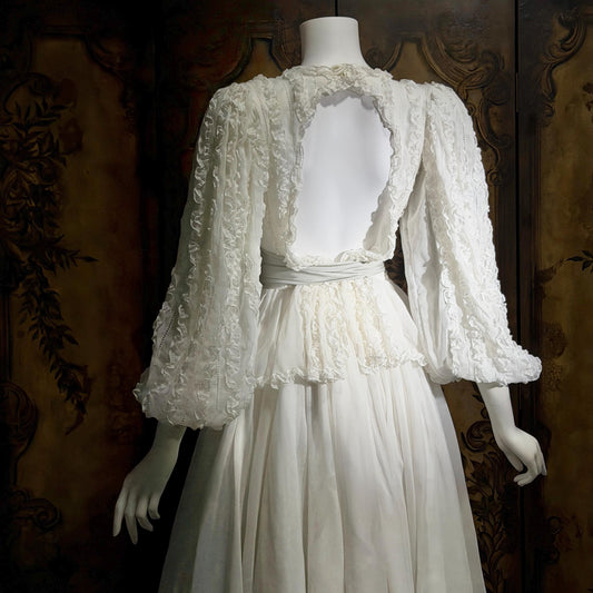 BONNIE STRAUSS Vintage 1970s dress, White Cotton Ruffle Dress Bishop Sleeves