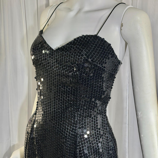 LILLIE RUBIN vintage evening dress gown, 1980s Black Sequin Feather Trim slip gown