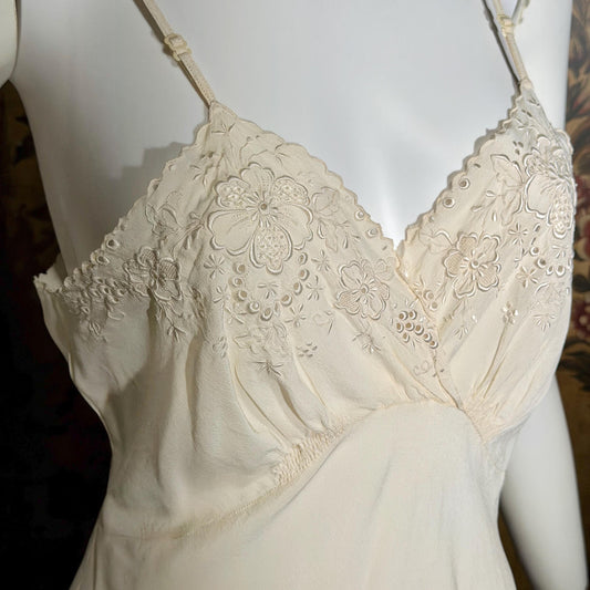 PEONY vintage 1950s Silk Slip Dress, SHANGHAI Embroidered Off White Ecru Lingerie dress