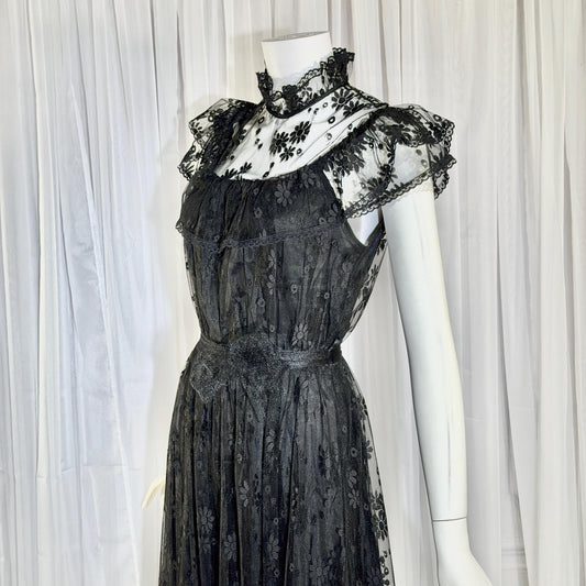 1970s Vintage Black Lace Maxi dress, High neck ruffle evening gown