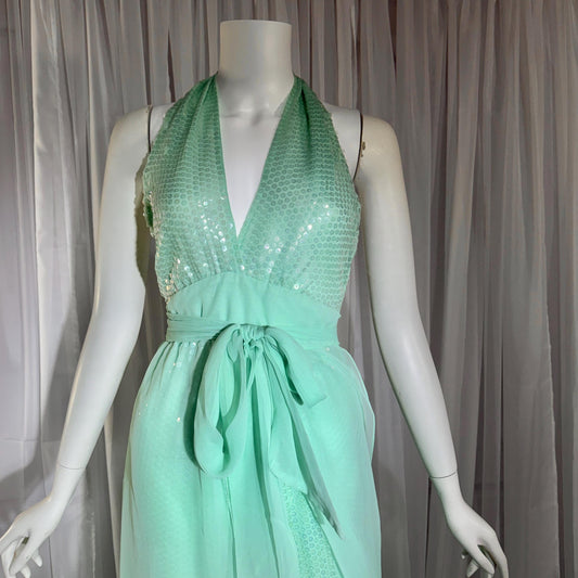 ESTEVEZ vintage 1970s evening jumpsuit, Disco Studio 54 Sea foam Green cocktail sequin halter jumpsuit