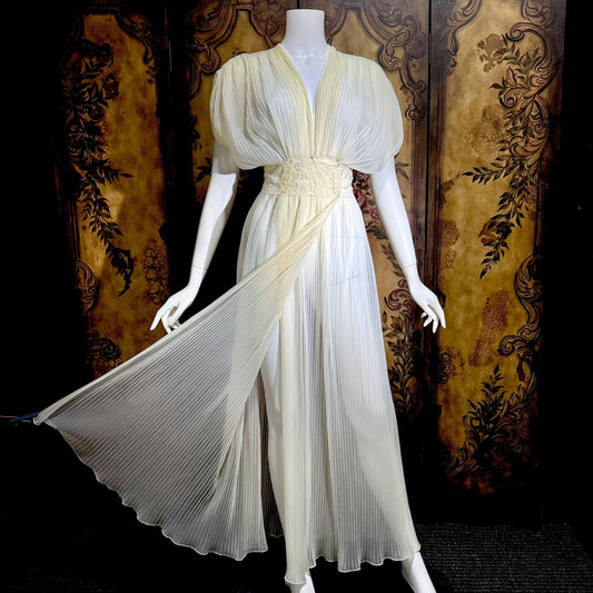 TULA vintage 1940s Nightgown Dressing Gown, White Grecian Goddess micro pleat lingerie dress