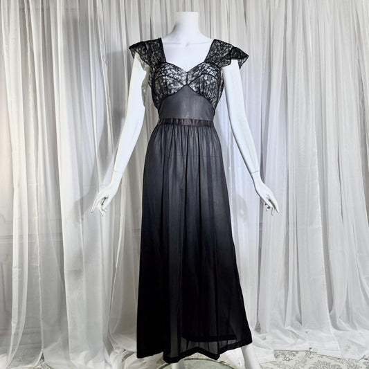 1940s vintage nightgown slip dress, AMERICAN MAID sheer black long lingerie dress, medium