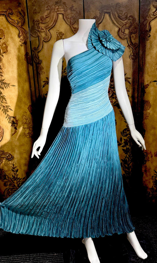MARY MCFADDEN vintage evening dress, 1970s Neiman Marcus Teal One Shoulder plisse pleats gown