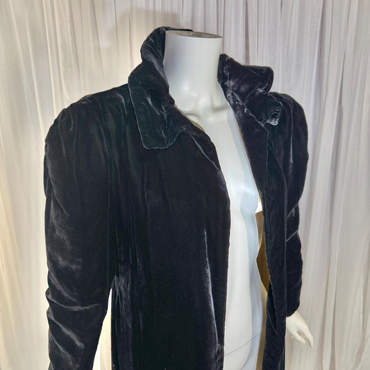 vintage 1920s opera coat, Black Silk Velvet flapper evening coat duster ruffle neck