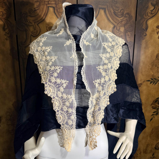 Antique Victorian lace collar, Edwardian Tambour Embroidered net lace