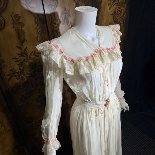 vintage 1930s dressing gown robe, sheer white rayon pink flowers bridal peignoir housecoat