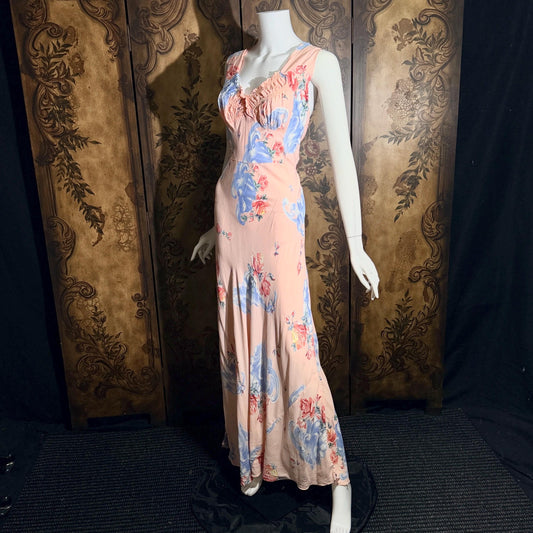 vintage 1940s floral nightgown robe set, Pink bias cut sheath slip dress and quilted robe peignoir set