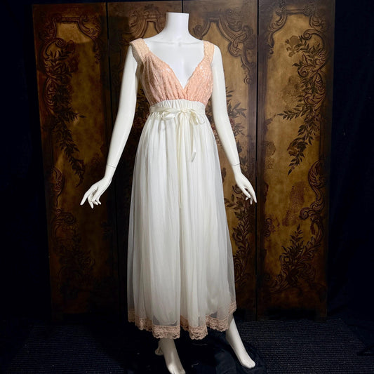 vintage Nightgown Robe Peignoir Set, MERLITA 1960s Sheer white & blush lace lingerie gown