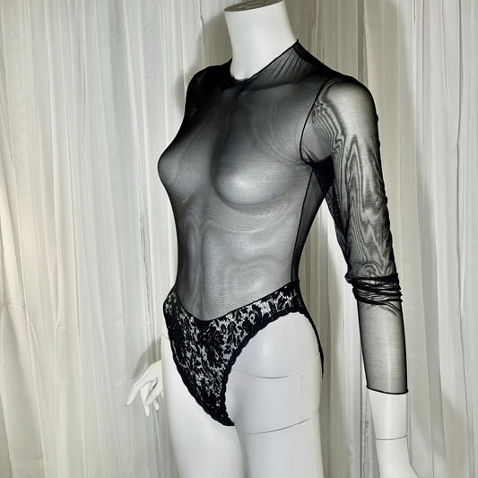vintage 1980s Sheer Mesh Bodysuit, Black lace evening top lingerie