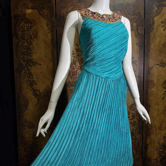 vintage MARY MCFADDEN COUTURE evening gown, 1980s turquoise blue beaded gown