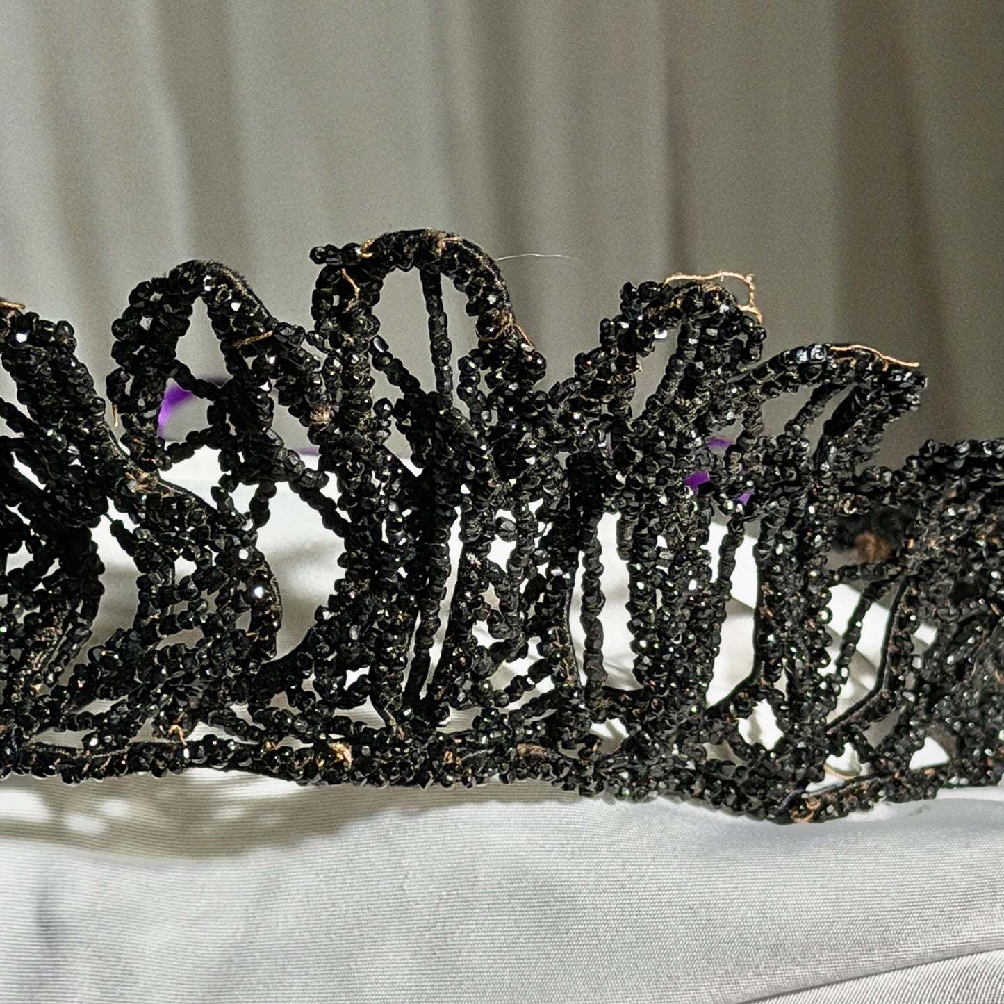 Antique Victorian jet crown, Mourning tiara wired stiff black jet beads 1800s downton abbey