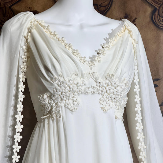 vintage Goddess Chiffon wedding gown with cape, Athena 1970s white empire waist bridal gown