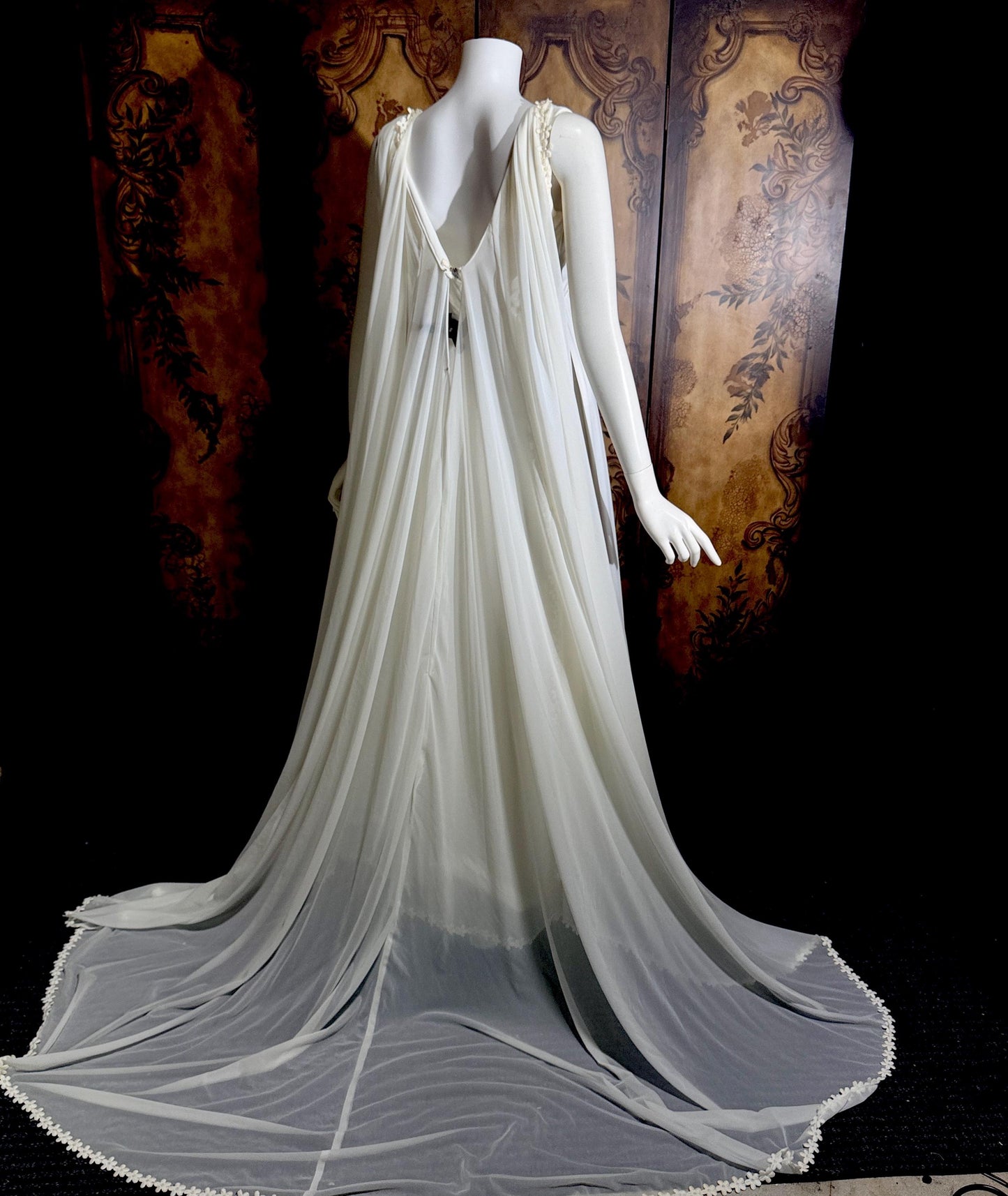 vintage Goddess Chiffon wedding gown with cape, Athena 1970s white empire waist bridal gown