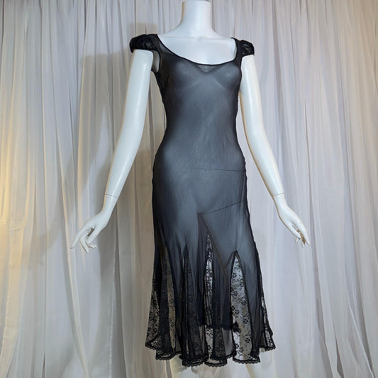 vintage 1990s BETSEY JOHNSON slip dress, Sheer Black Chiffon cocktail dress