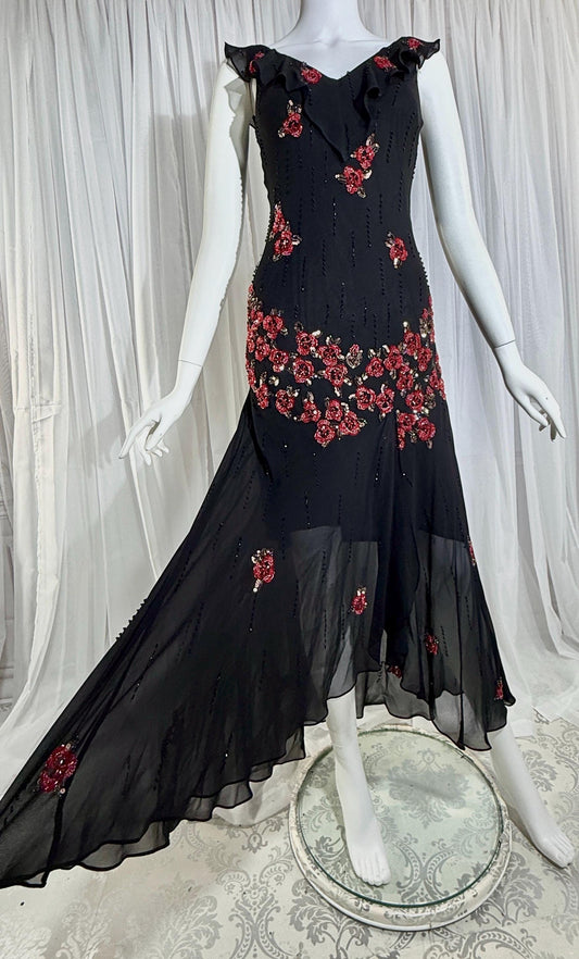 Vintage 1990s SUE WONG Slip Dress, Black silk red beaded high low sheath gown